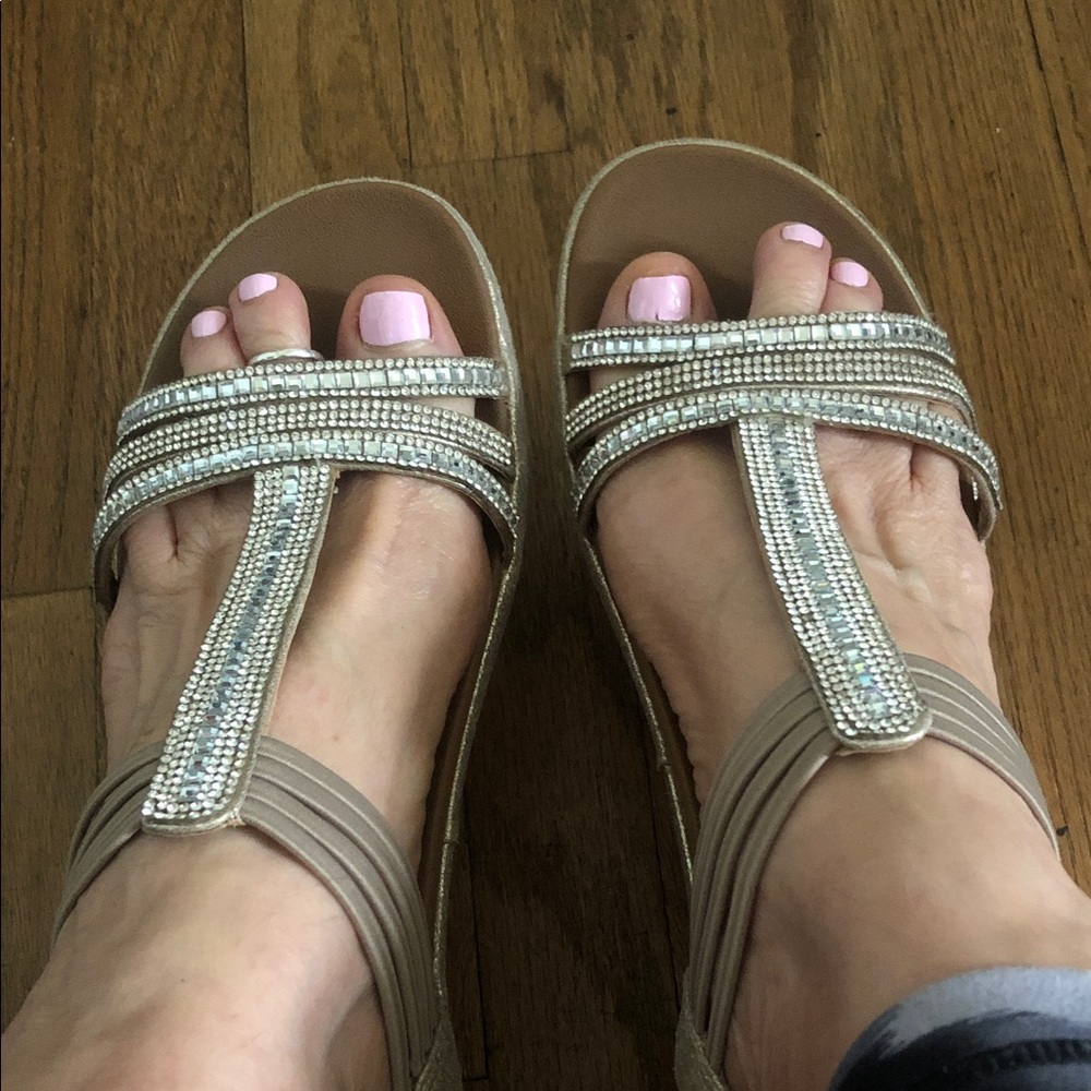 Kelly & Katie Taupe Rhinestone T-Strap Sandals